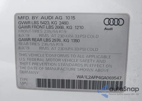 2016 Audi Q5 2.0T Premium z USA, uszkodzony, nr VIN WA1L2AFP4GA069547